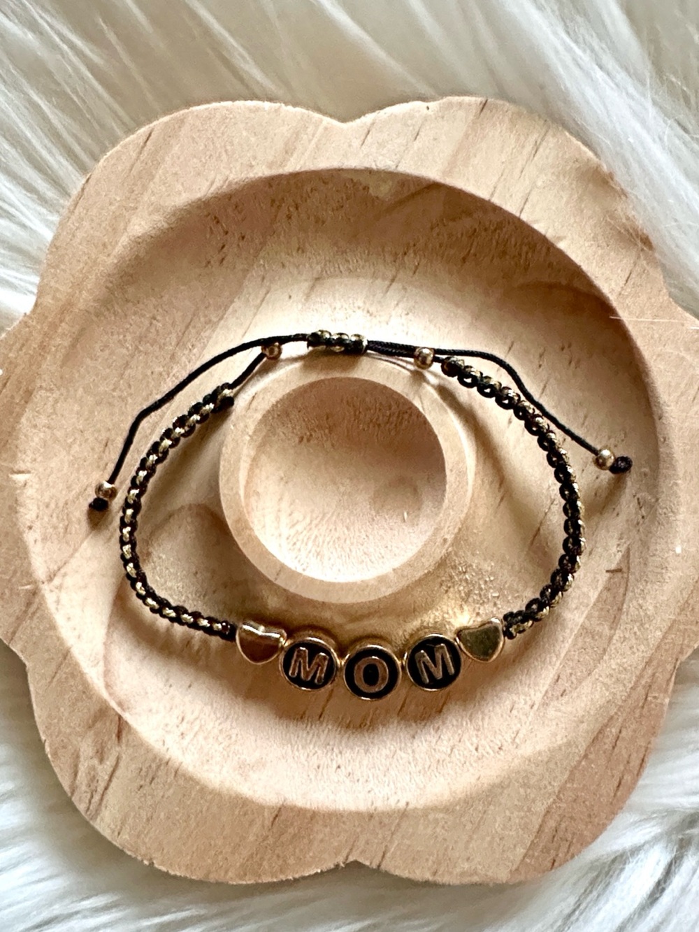 Handmade Black and Metallic Gold String Adjustable Bracelet with “MOM” Beads